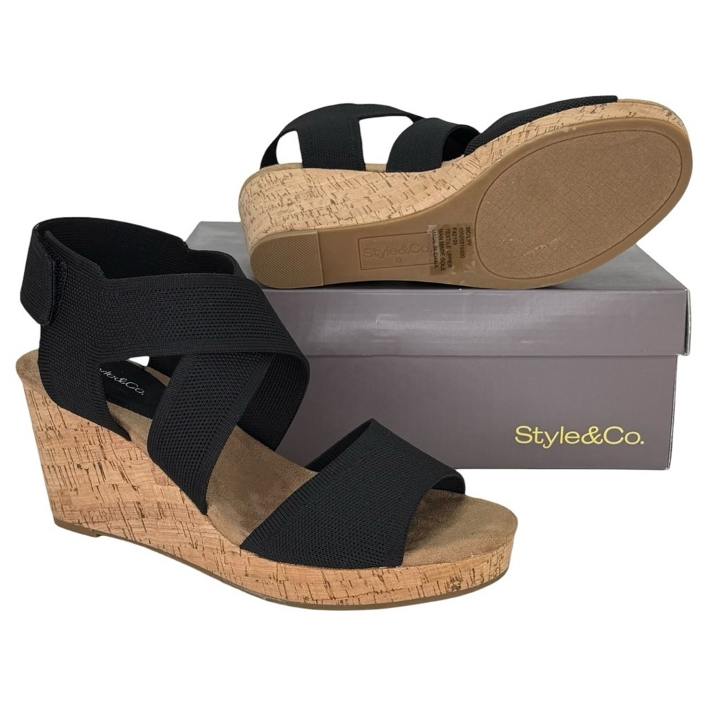 Style & Co. Sicilyy Black Cross Strap Cork Womens Wedge Sandals Size 10M - Picture 12 of 13